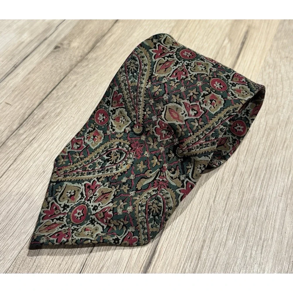 Christian Dior Monsieur Green/Red/Beige Paisley Floral Logo Pointed Men's Tie